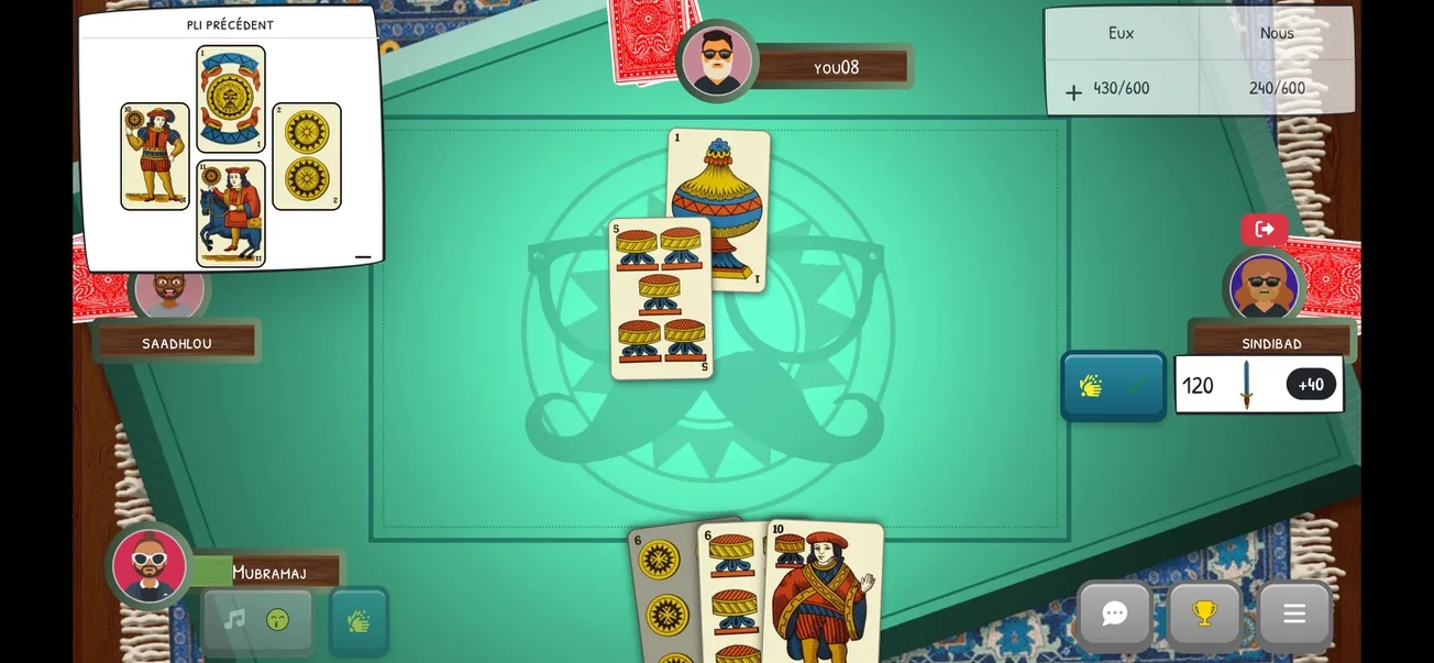 Table de Touti en ligne sur ToutiGame, avec les cartes posées au centre et les scores des deux équipes